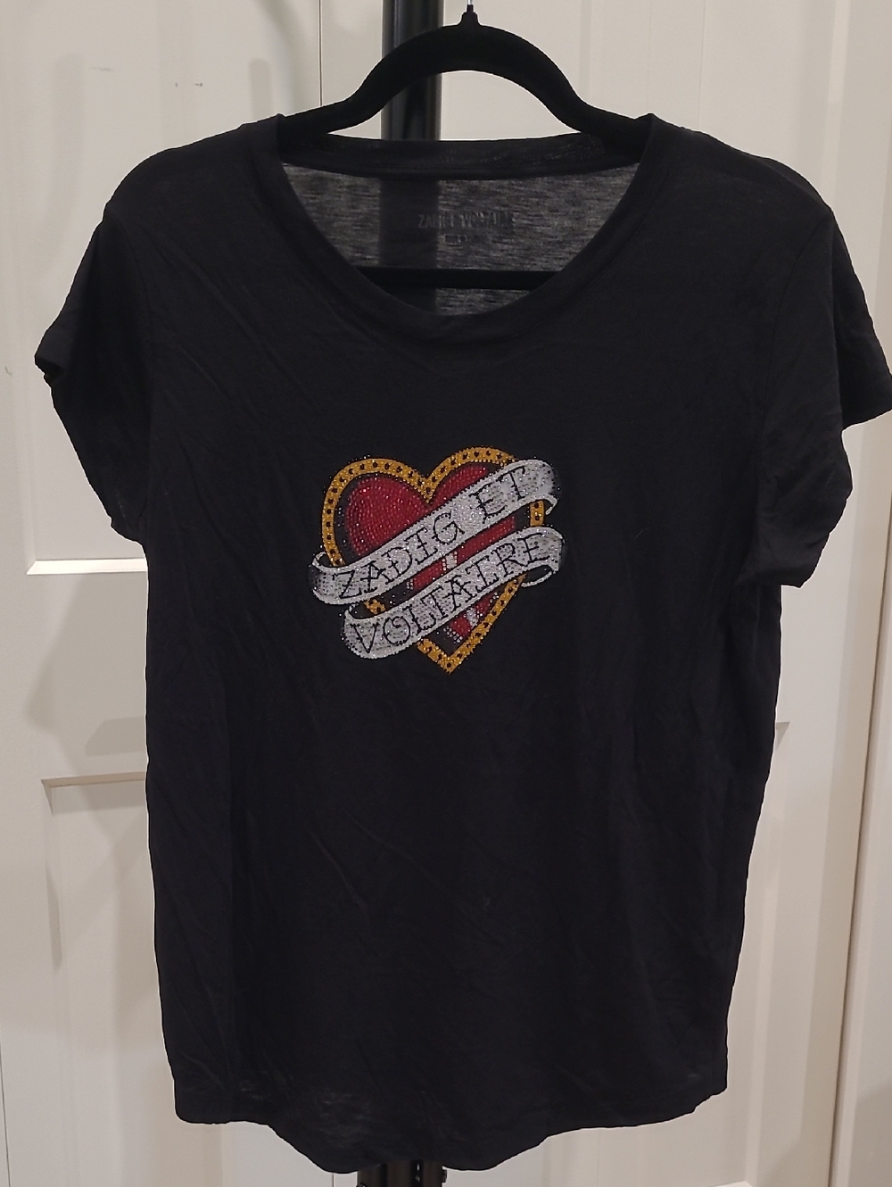 Zadig & Voltaire Black Tee with Red Heart and Gold Trim